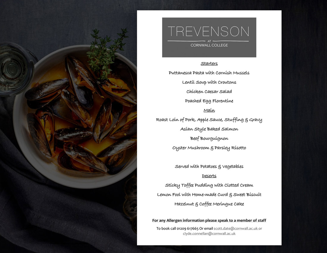 Trevenson Restaurant Menu, Cornwall College Camborne